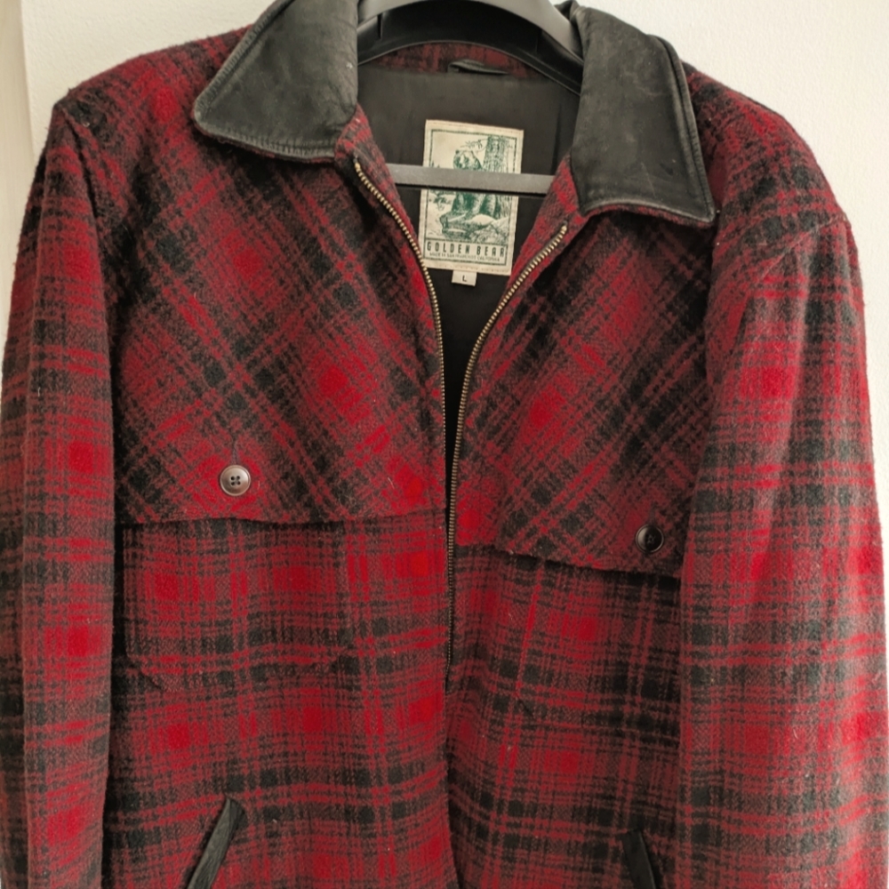 Lumberjack Golden Bear Jacket. Wool and Suede trims.  Red Plaid.  Large size.